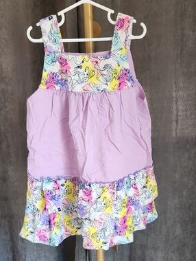 Homemade? Girls Lavender Sundress with Colorful Cartoon Trim